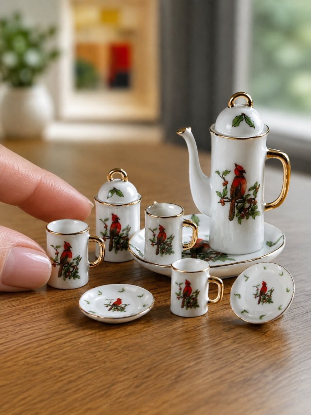 New Old Stock Regal Miniature Cardinal Tea Set Porcelain Holly Gold Trim